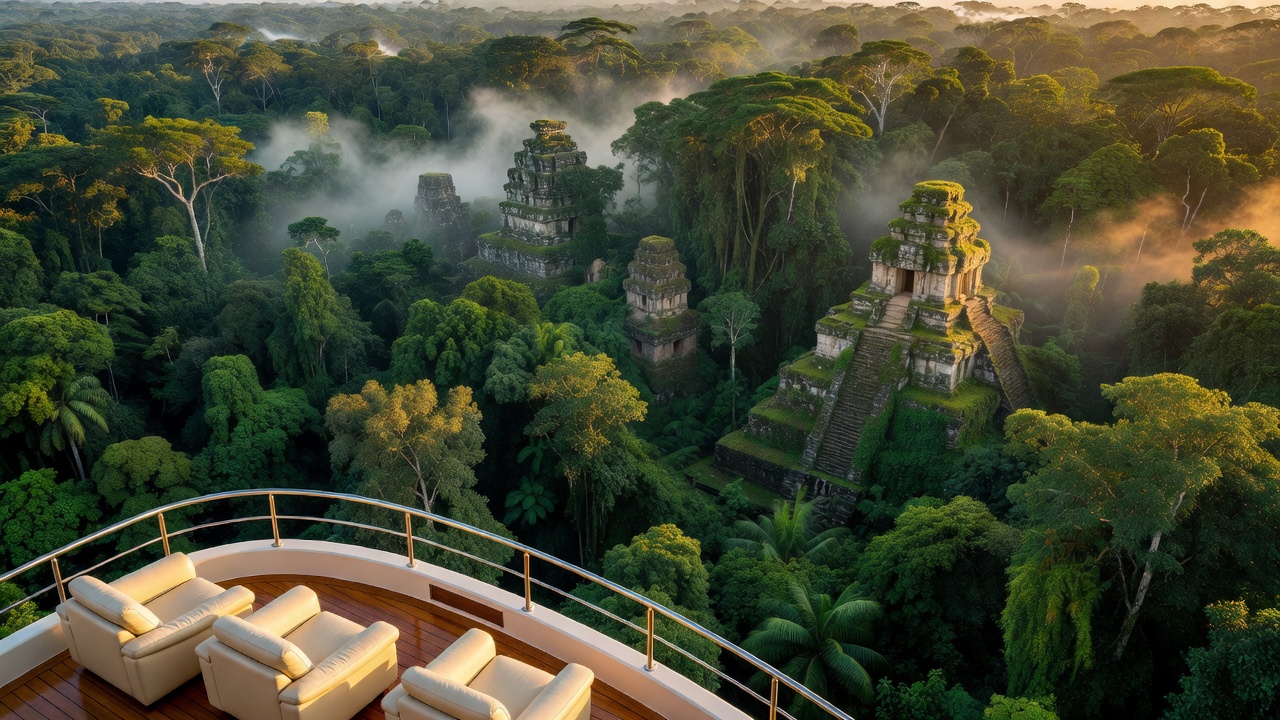 Static luxury expedition view overlooking a dense jungle canopy and ancient temple ruins at sunrise
